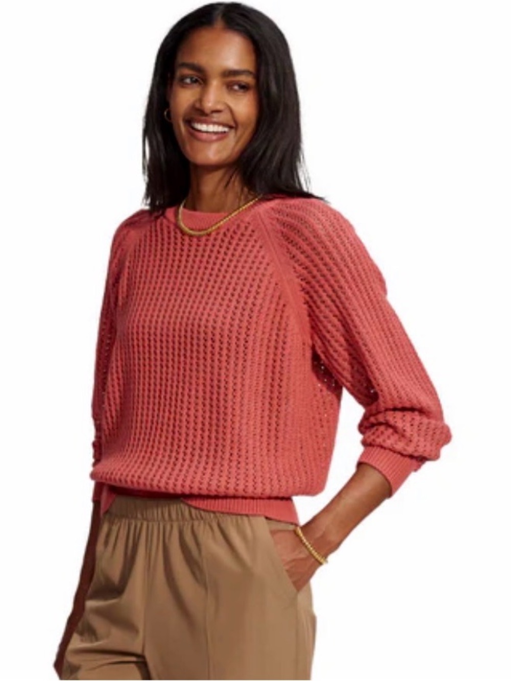 Varley Clay XS perforated Open-Weave Crewneck Sweater in Mineral red